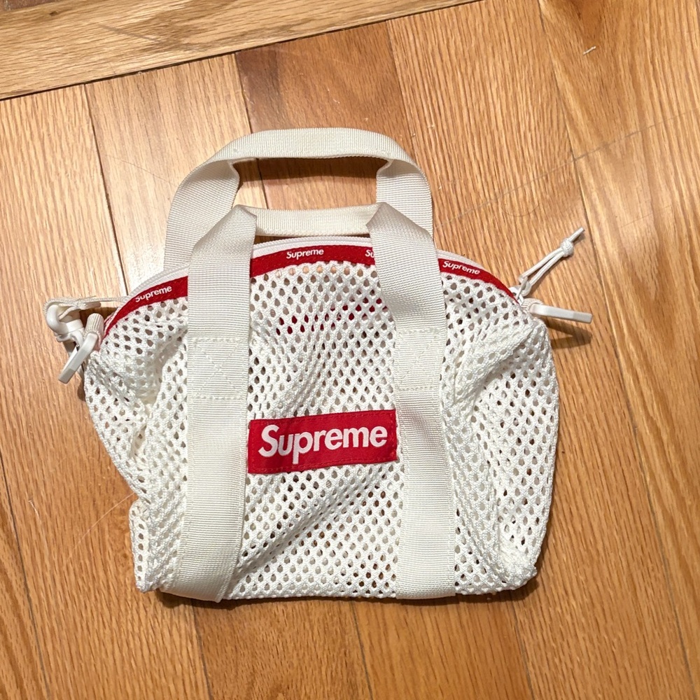 Supreme Red and White Mesh Tote Bag